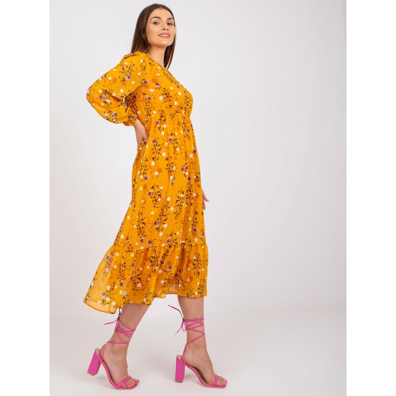 Dámské šaty s potisky a volánem midi  RUE PARIS tmavě žluté 