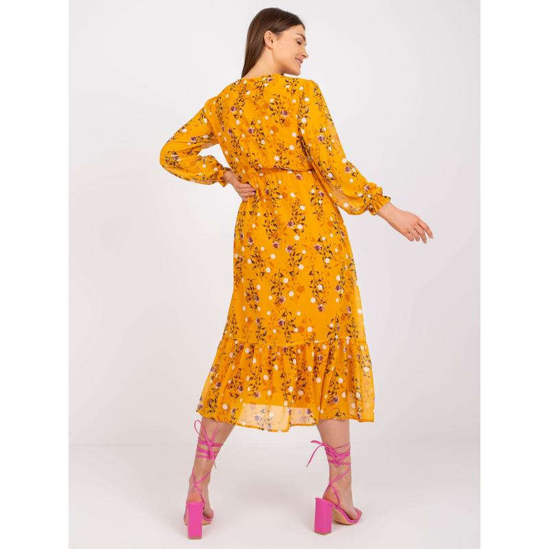 Dámské šaty s potisky a volánem midi  RUE PARIS tmavě žluté 