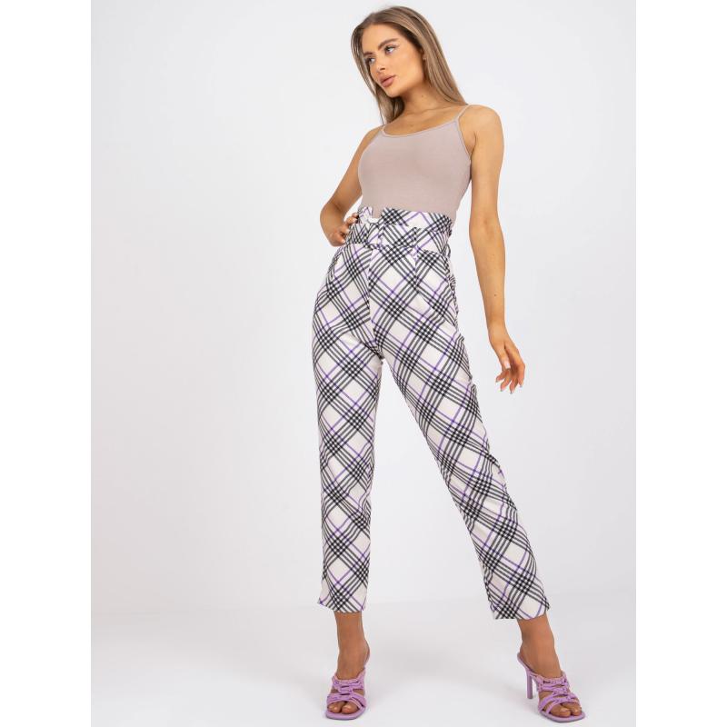 Dámské kalhoty kostkované RODD v barvě ecru-fialové