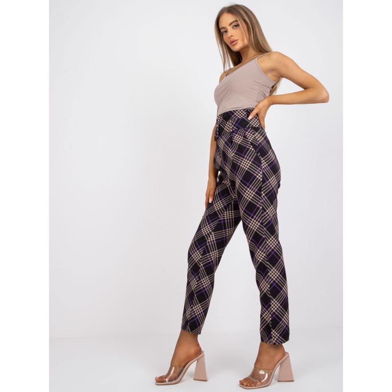 Női magas derekú kockás nadrág KELLY fekete és lila