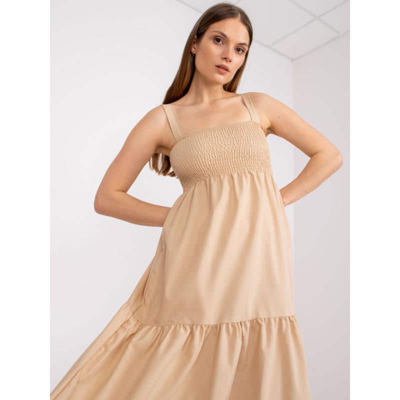 Dámské šaty s ramínky maxi s volánem RUE PARIS béžové  