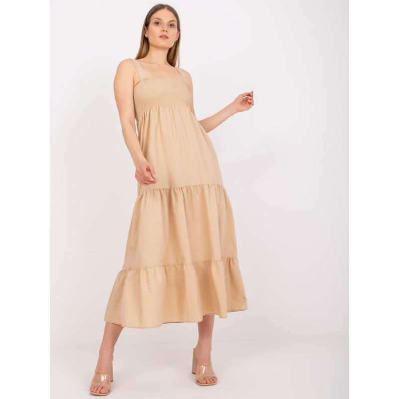 Dámské šaty s ramínky maxi s volánem RUE PARIS béžové  