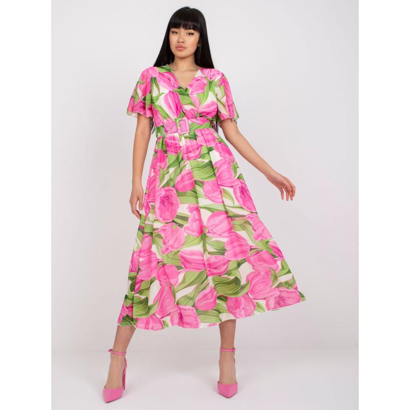 Dámske šaty ONIA s kvetinovým výstrihom v ružovej a zelenej farbe