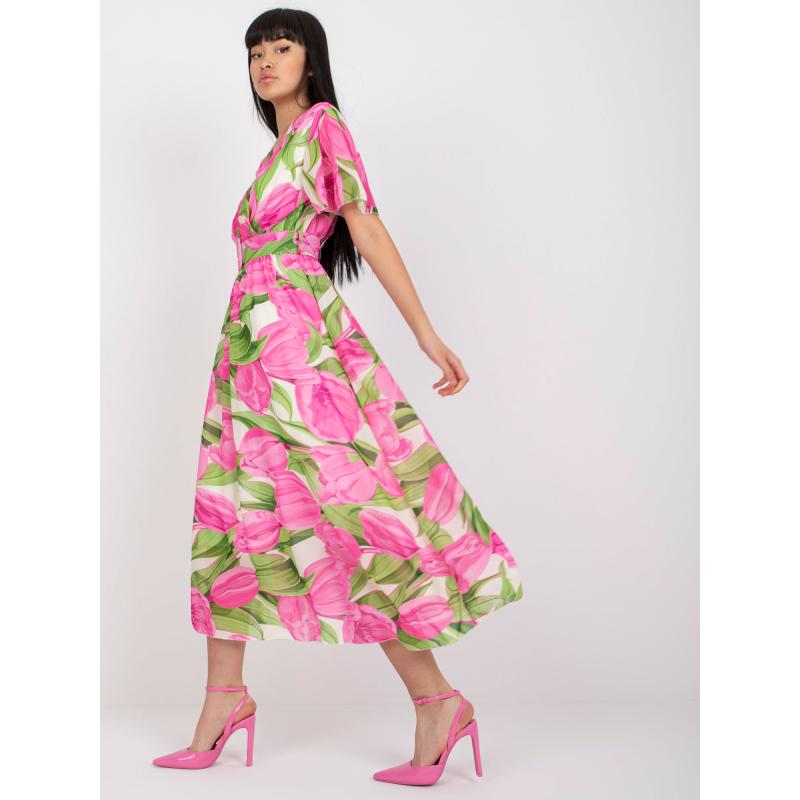 Dámske šaty ONIA s kvetinovým výstrihom v ružovej a zelenej farbe