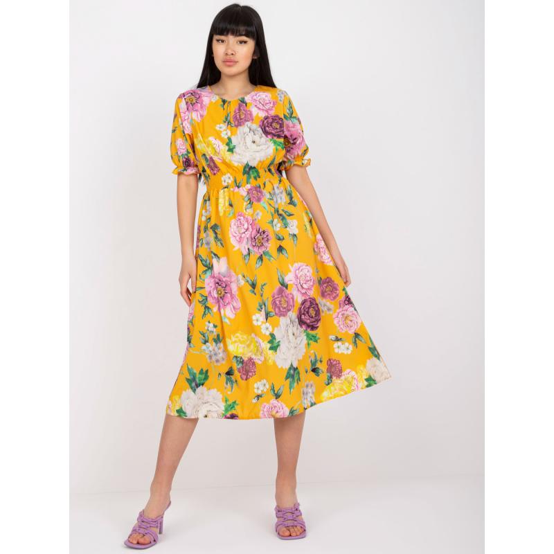 Dámské šaty s květinovým potiskem midi MELANI žluté 