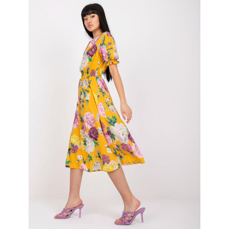 Dámské šaty s květinovým potiskem midi MELANI žluté 