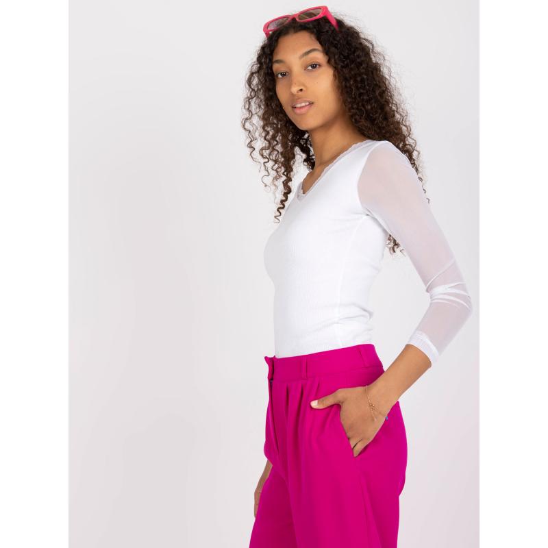 Dámska čipkovaná rebrovaná blúzka s dlhými rukávmi RUE PARIS white