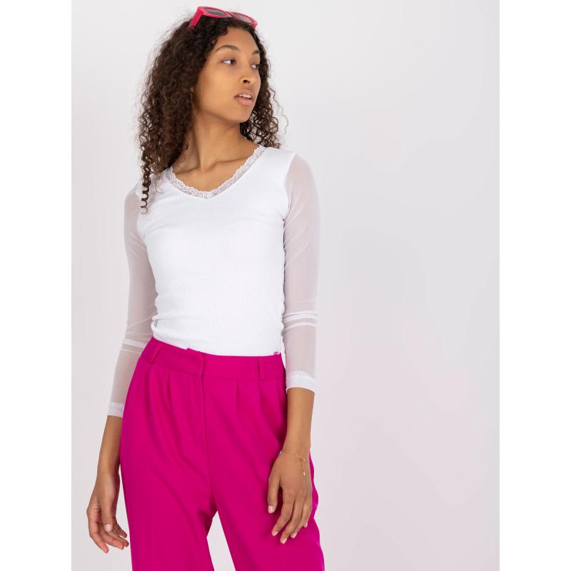 Dámska čipkovaná rebrovaná blúzka s dlhými rukávmi RUE PARIS white