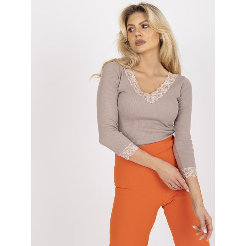 Dámská halenka s výstřihem do V žebrovaná RUE PARIS tmavě béžová  