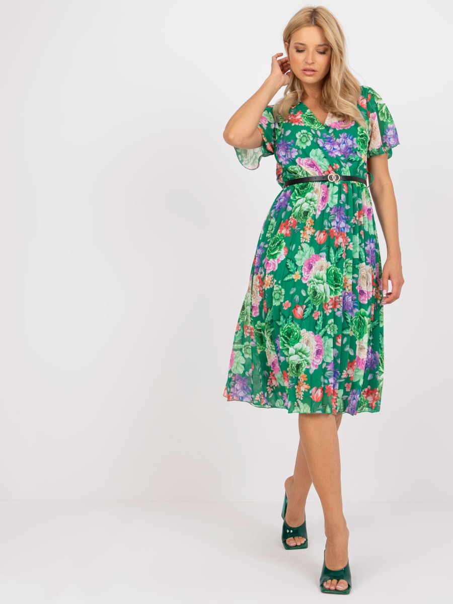 Női virágmintás pliszírozott midi ruha EMA zöld