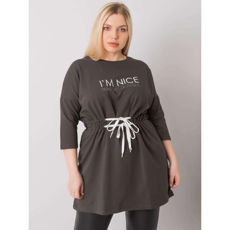 Női plus size tunika nyakkendővel TULSA sötét khaki színben