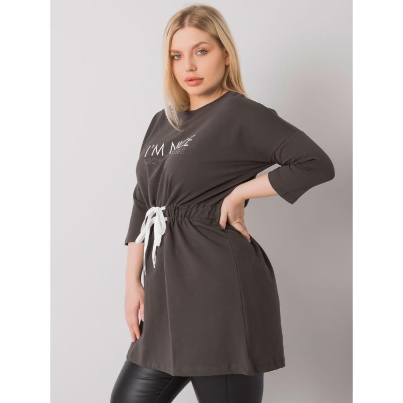 Női plus size tunika nyakkendővel TULSA sötét khaki színben
