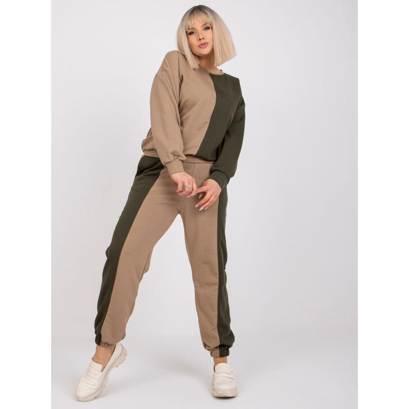 Női kapucni nélküli bézs plus size melegítő AMISHI sötét khaki színben