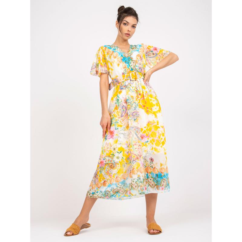 Dámské šaty s potisky a výstřihem midi CALLIE žluté  