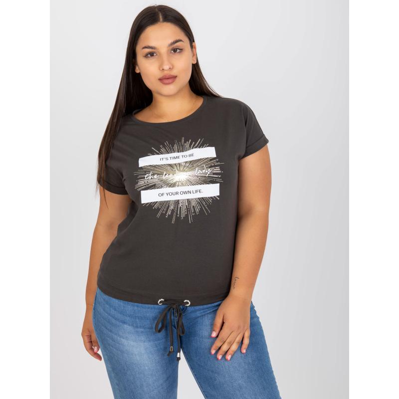Dámské tričko s potiskem bavlněné plus size TREA v khaki barvě 
