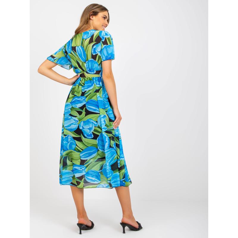 Dámske vzorované midi šaty s opaskom FEMA modro-čierne