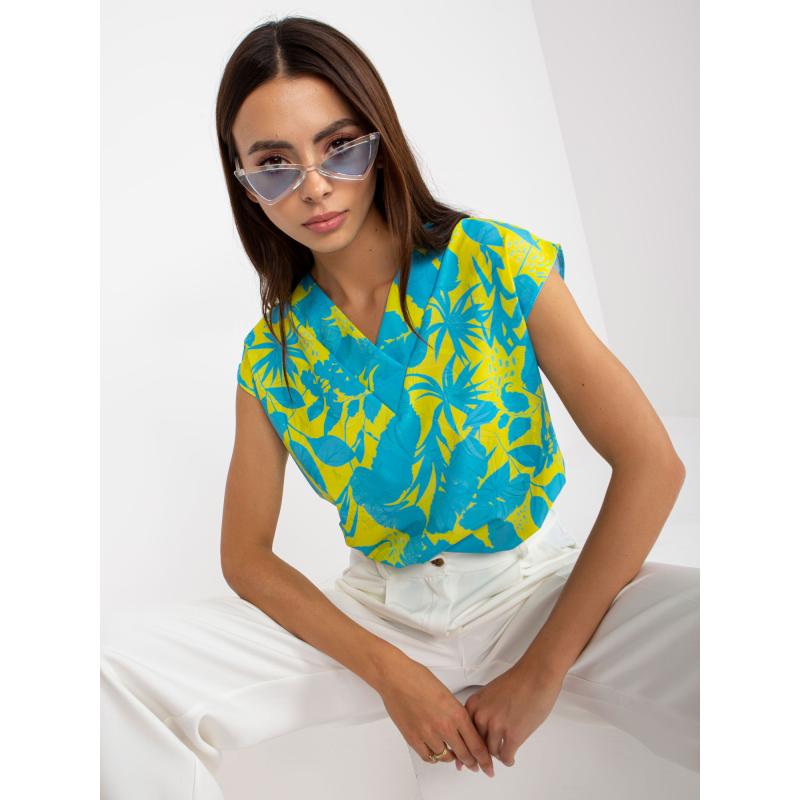 Női nyomtatott nyakkivágású blúz RUE PARIS kék és sárga