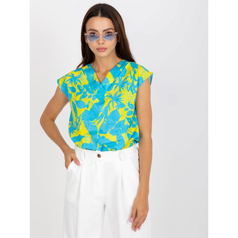 Női nyomtatott nyakkivágású blúz RUE PARIS kék és sárga