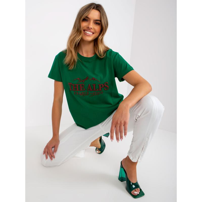Női V-nyakú póló REAS zöld és bézs színben