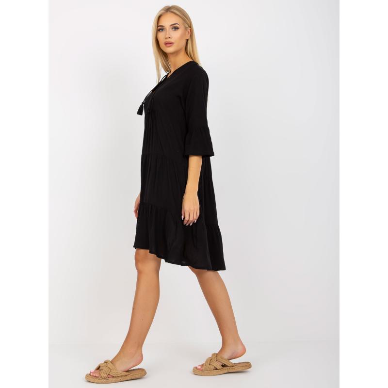 Női fodros, V-nyakú, viszkóz boho ruha LINDY fekete
