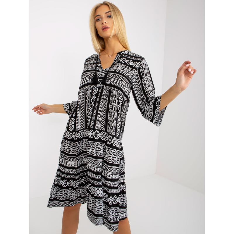 Női fodros ruha 3/4 ujjú, mintás JENI fekete