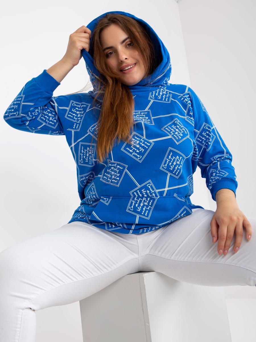 Női plus size kapucnis pulóver PETRA nyomtatással sötétkék