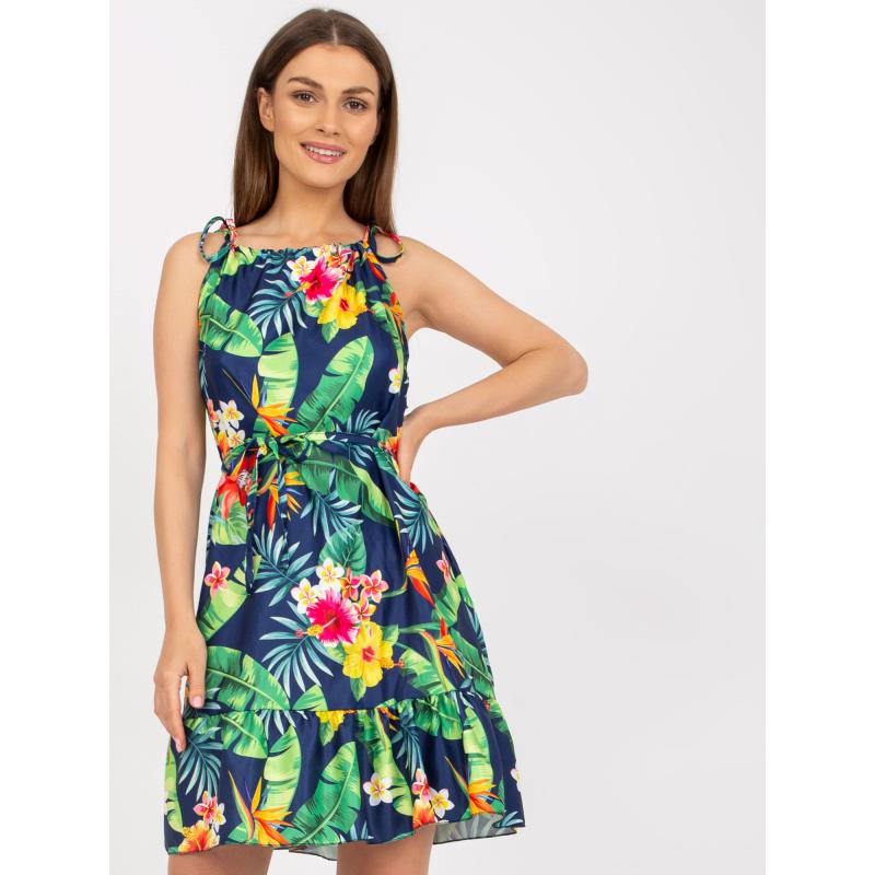 RUE PARIS sötétkék fodros és mintás női ruha