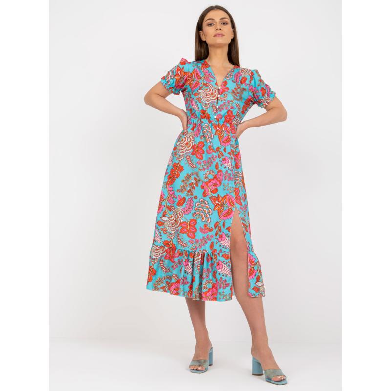 SOPHIE kék női ruha keleti motívummal és fodorral