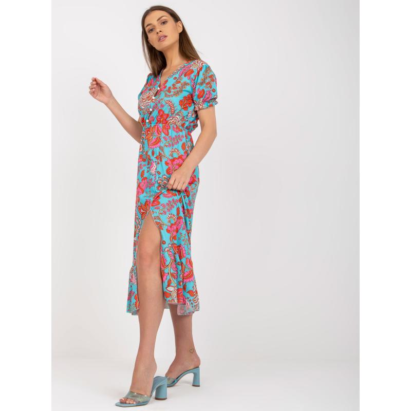 SOPHIE kék női ruha keleti motívummal és fodorral