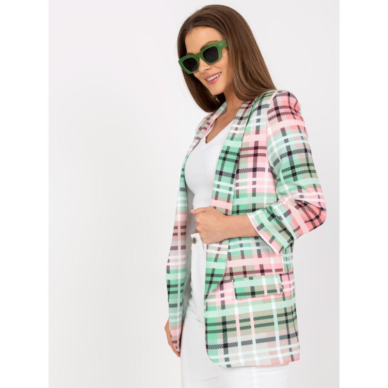 Dámské sako bez knoflíků kostkované ASHLI zeleno-růžové  