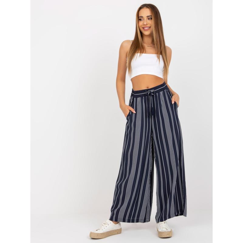 Dámské kalhoty z lněné pruhované látky SUBLEVEL námořnicky modré