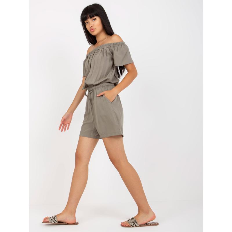 Női zsebes rövid csíkos overall SUBLEVEL khaki színben