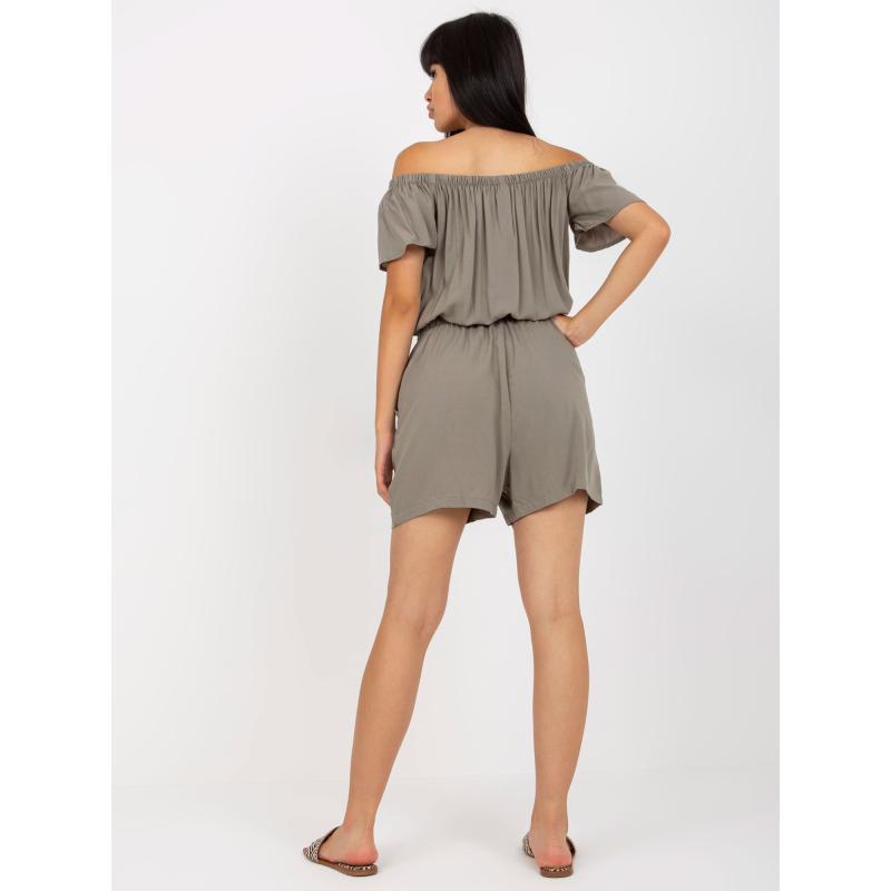 Női zsebes rövid csíkos overall SUBLEVEL khaki színben