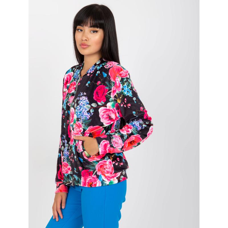 Női virágos pulóver RUE PARIS fekete és rózsaszín RUE PARIS fekete és rózsaszín