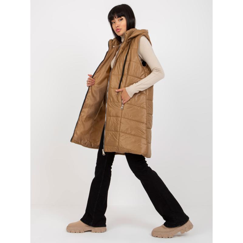 Női kapucnis steppelt pehelymellény OCH BELLA világosbarna