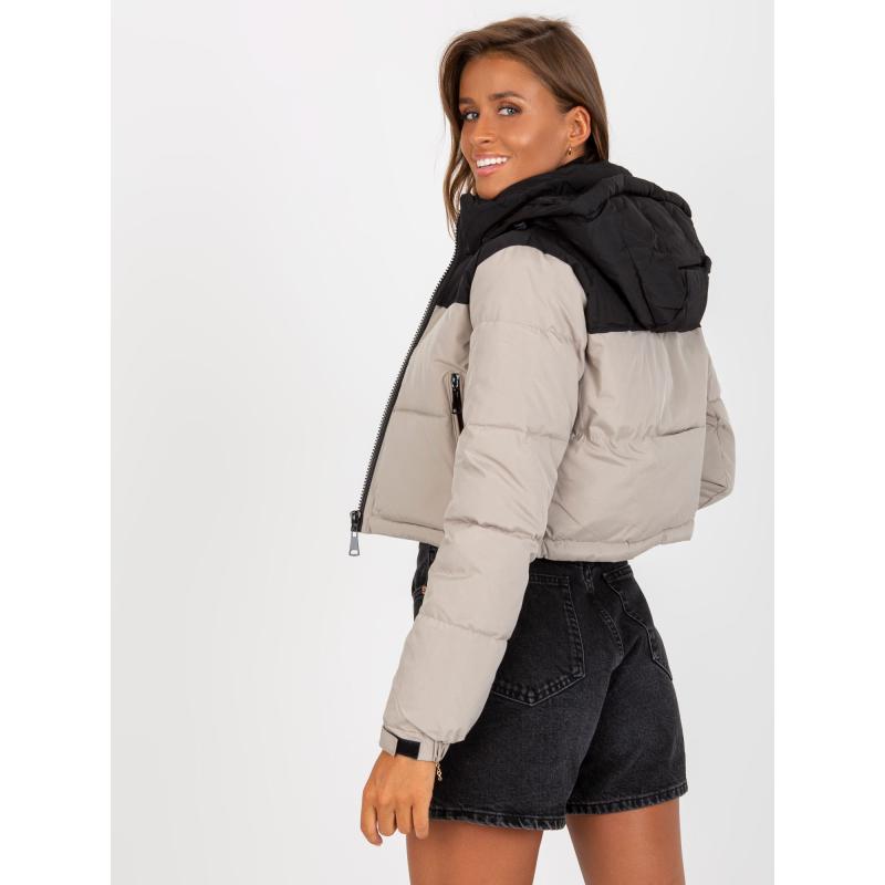 Dámska bunda s kapucňou krátka zimná DAHLIA čierno-béžová
