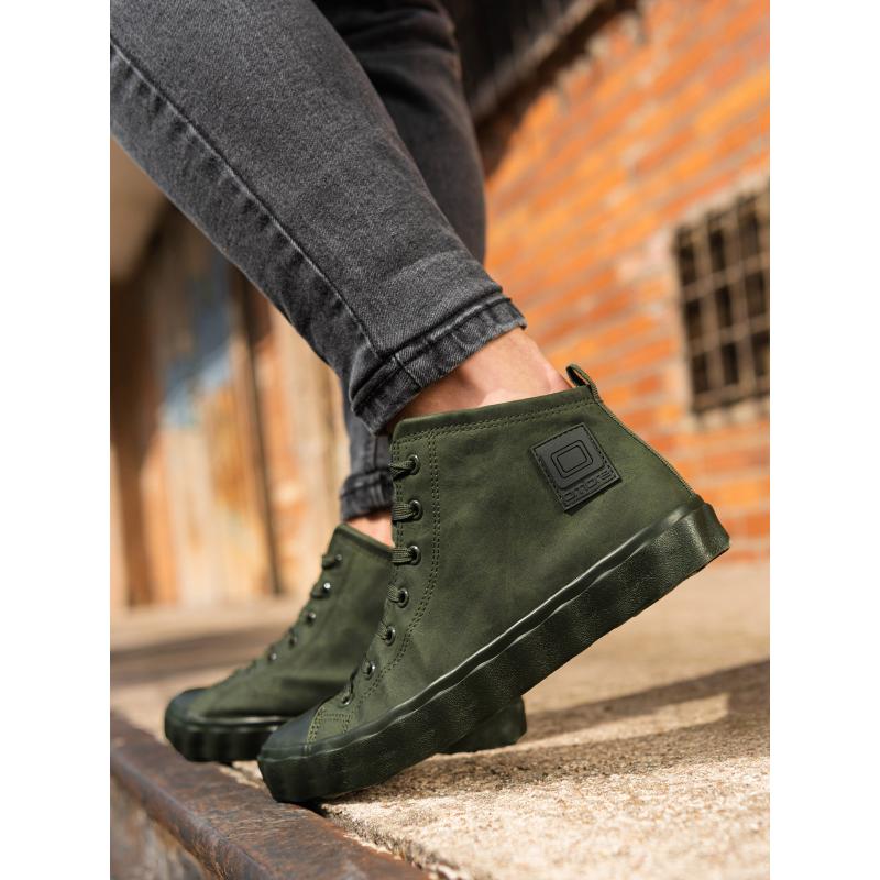 Pánské vysoké tenisky s ozdobnou vlnitou podrážkou – olivové V3 OM-FOTH-0126