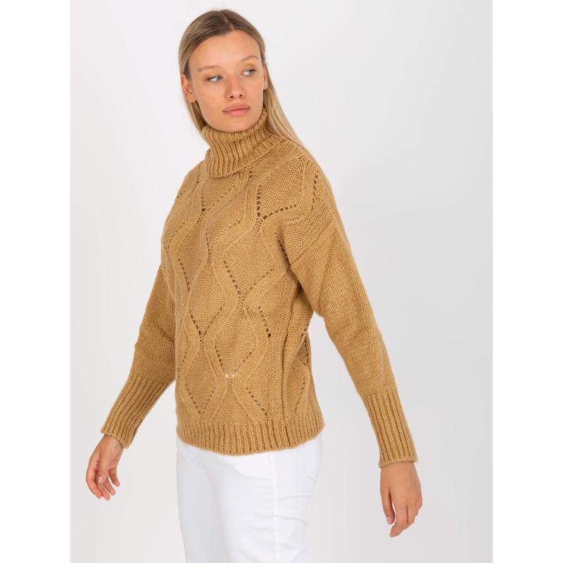 Dámsky sveter s rolákom a oválnym strihom RUE PARIS hnedo azúrový