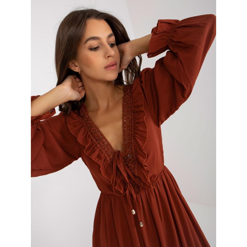 Dámské šaty s volánem v boho stylu mini OCH BELLA cihlové 