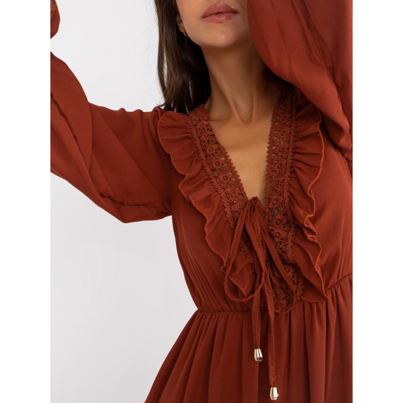 Dámské šaty s volánem v boho stylu mini OCH BELLA cihlové 