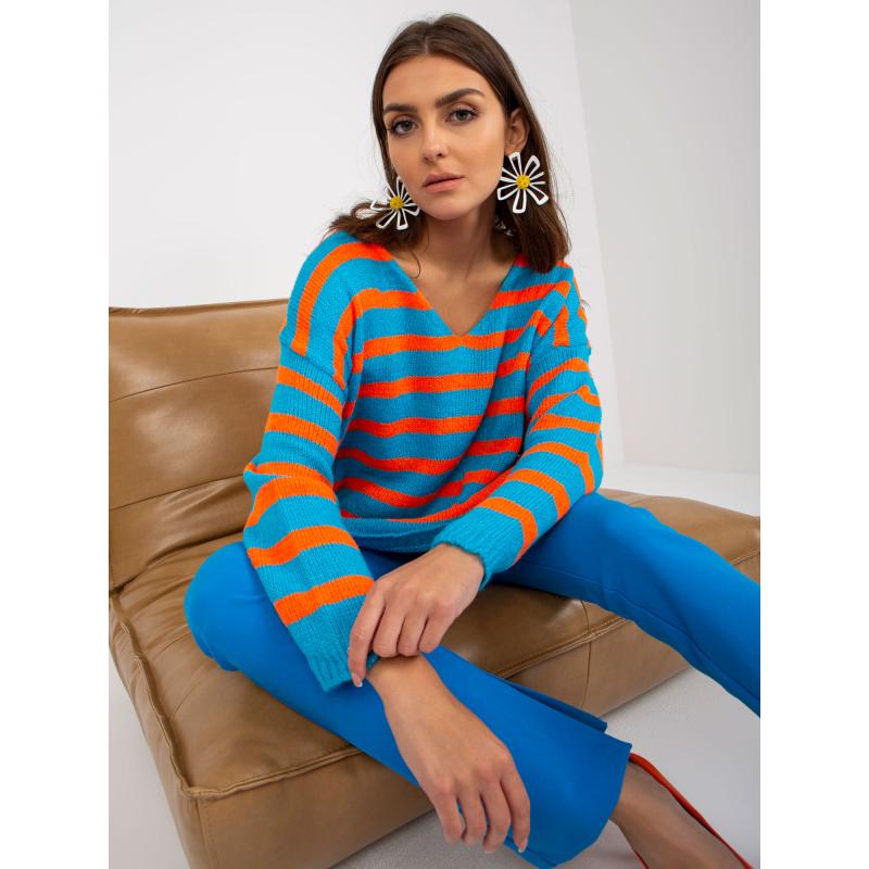 Dámsky sveter s výstrihom do V oversize OCH BELLA modro-oranžový