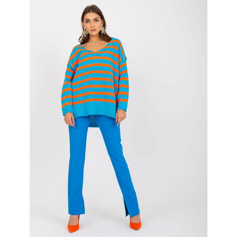 Dámský svetr s výstřihem do V oversize OCH BELLA modro-oranžový  