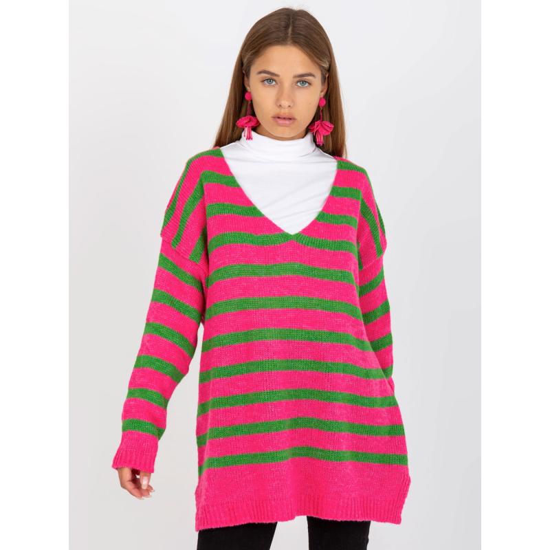 Női csíkos oversize pulóver OCH BELLA rózsaszín-zöld