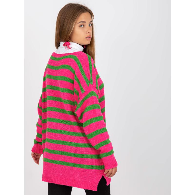 Dámský svetr pruhovaný oversize OCH BELLA růžovo-zelený 