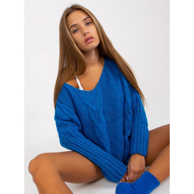 Dámský svetr s kostkovaným vzorem a výstřihem do V OCH BELLA tmavě modrý 