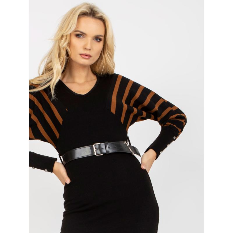 Női öves kötött midi ruha OCH BELLA fekete és barna színben