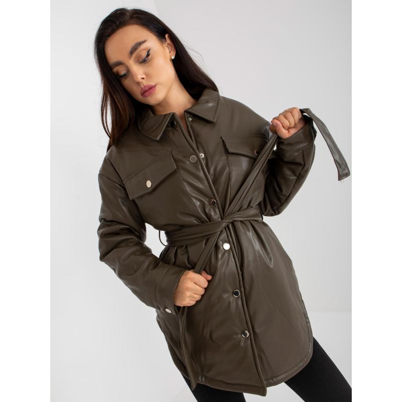 Dámska bunda s vreckami koženková EMERSYN khaki