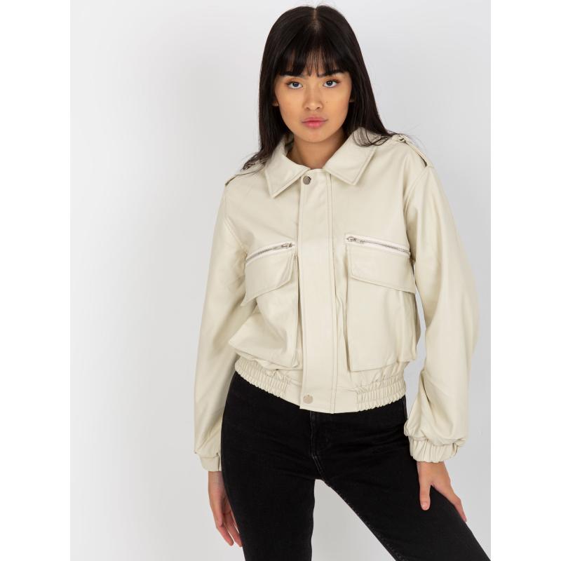 Dámska bunda s golierom krátka prešívaná kožená JEWEL svetlo béžová