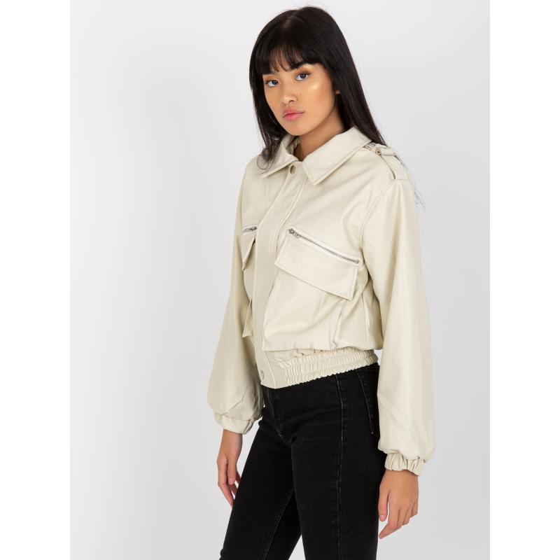 Dámska bunda s golierom krátka prešívaná kožená JEWEL svetlo béžová