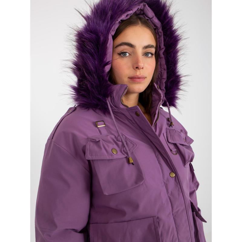 Női kabát szőrmével a kapucni ALIVIA lila